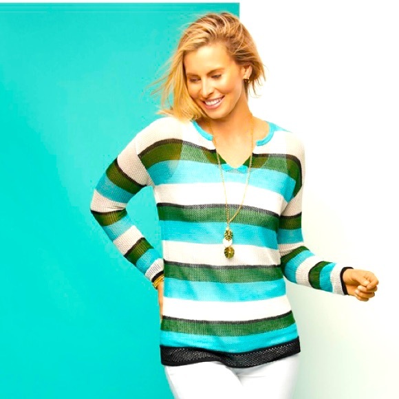 Split Neck Mesh Striped Sweater - Picture 1 of 2